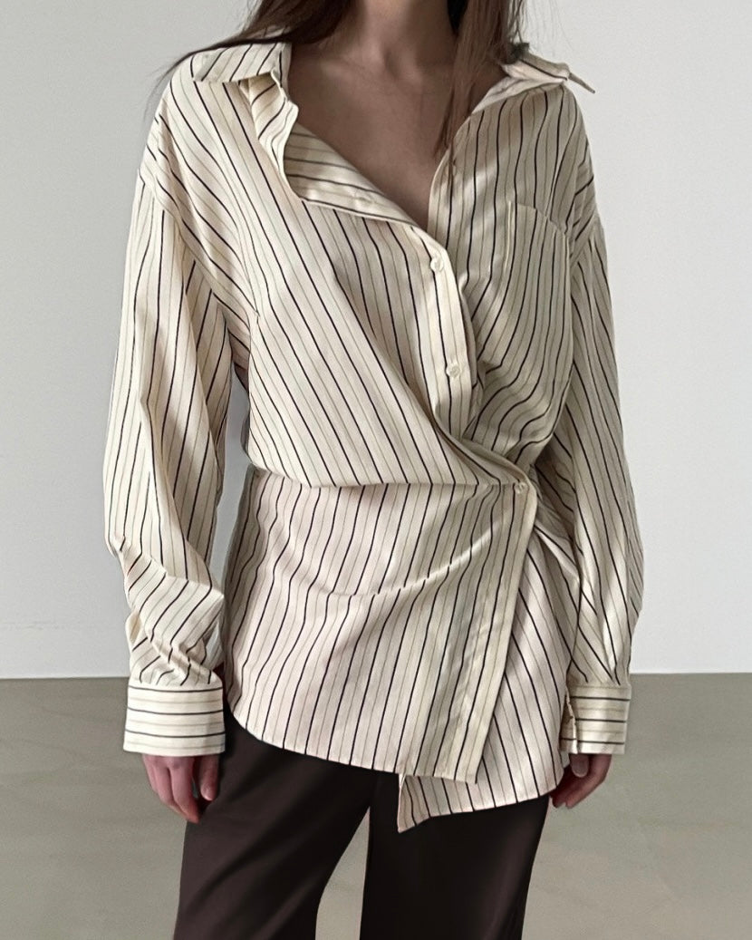 Astrid Asymmetric Striped Cotton Shirt in Pale Yellow