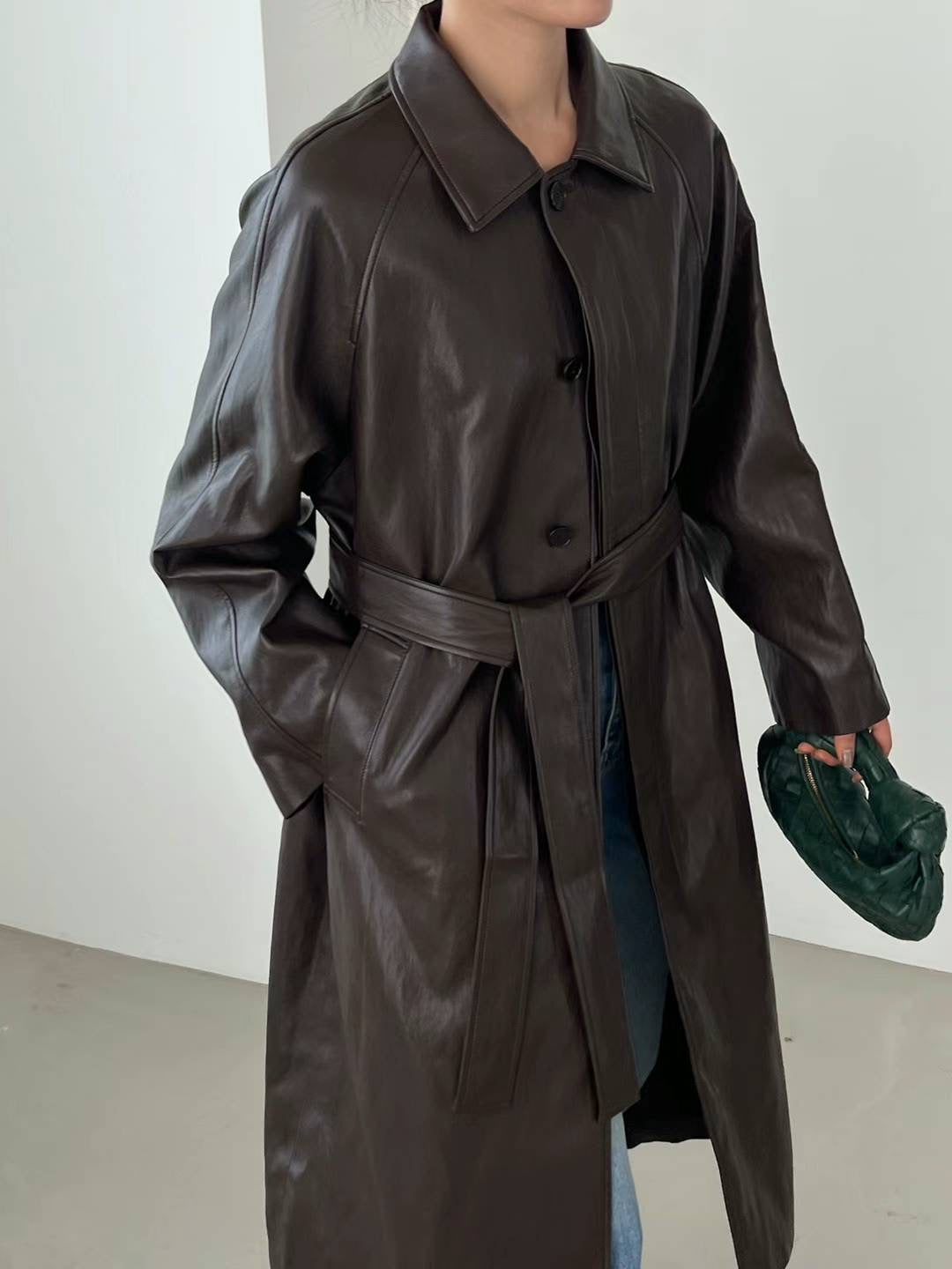 Ciel Belted Leather Coat in Fondant