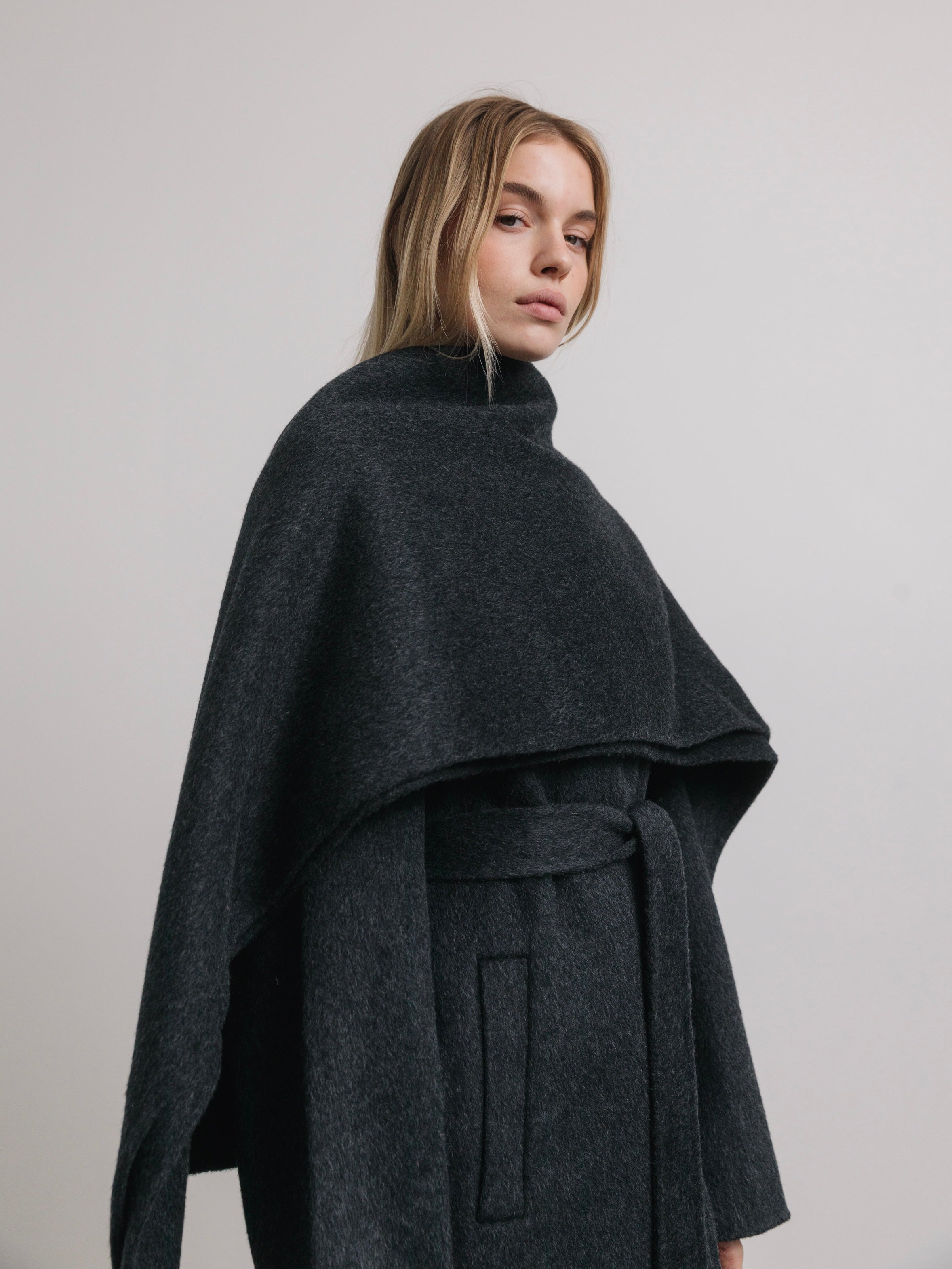 Eloise Wool Scarf Coat in Charcoal