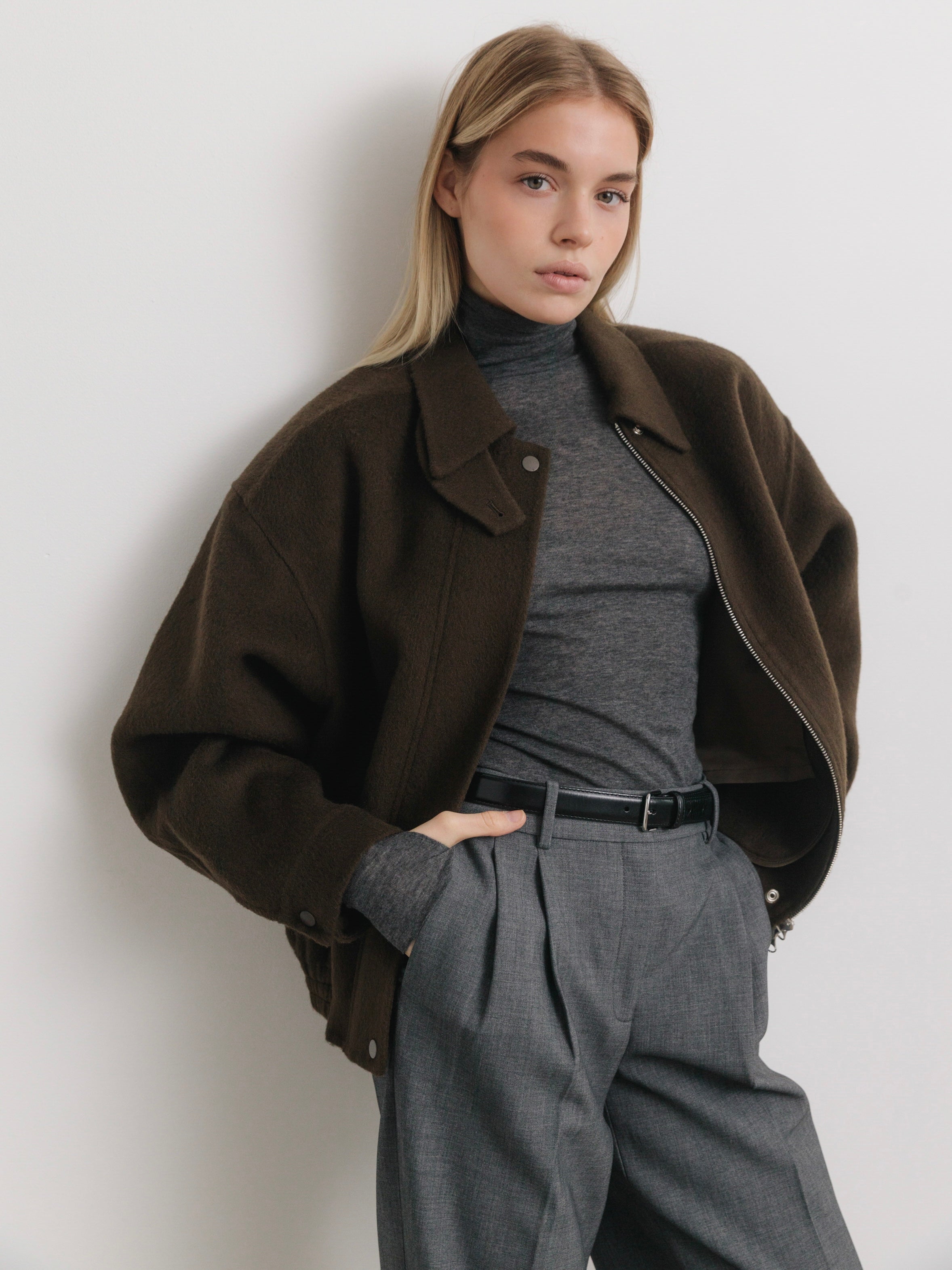 Kaia Wool Bomber Jacket in Espresso