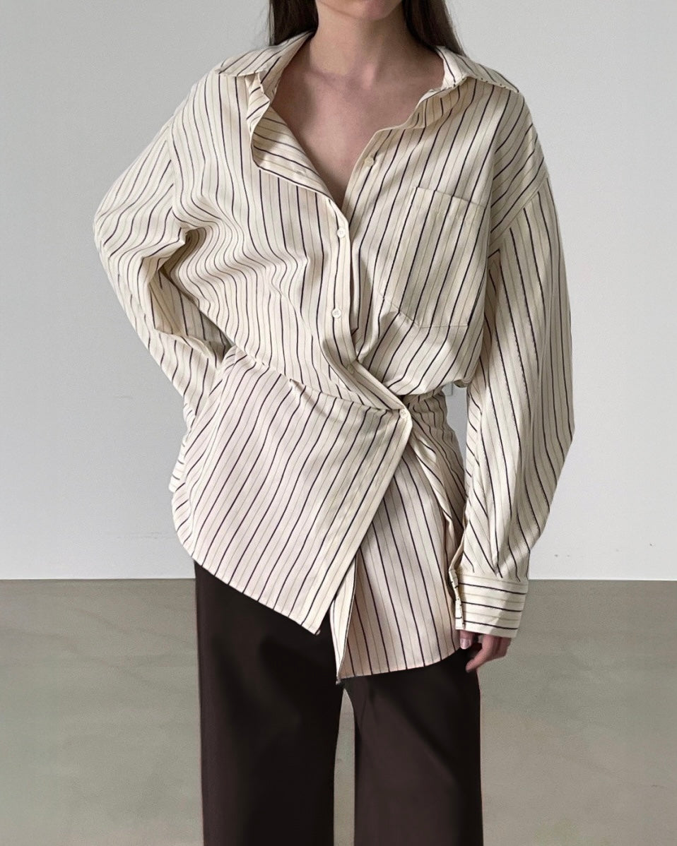 Astrid Asymmetric Striped Cotton Shirt in Pale Yellow