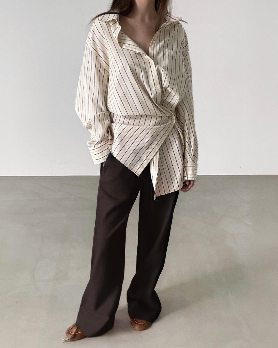 Astrid Asymmetric Striped Cotton Shirt in Pale Yellow