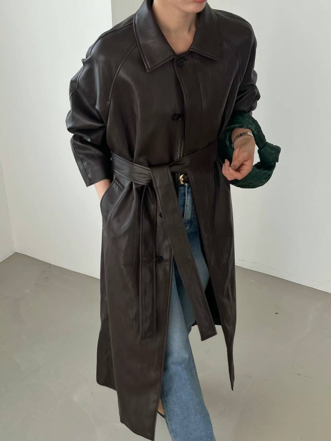 Ciel Belted Leather Coat in Fondant