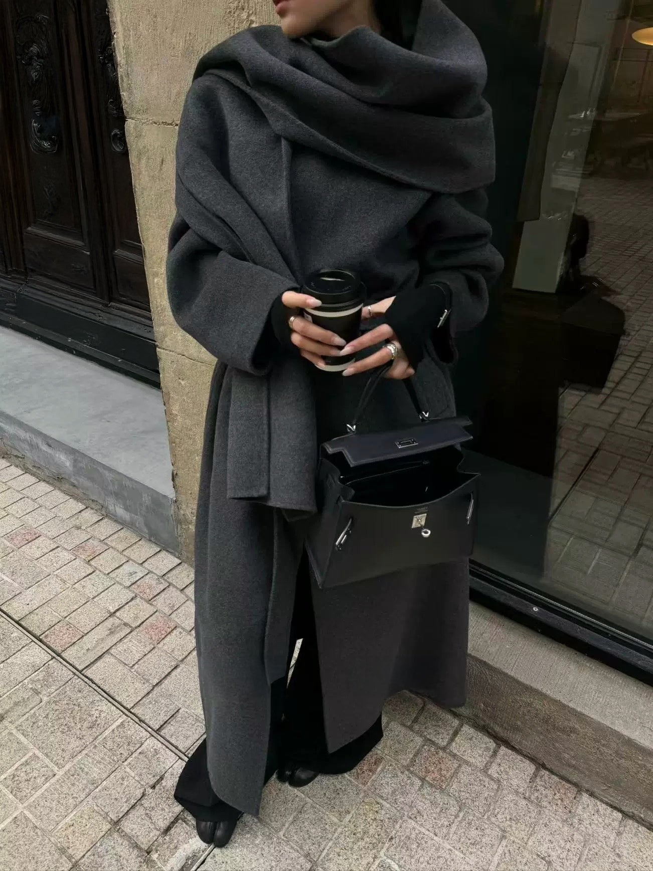 Eloise Wool Scarf Coat in Charcoal